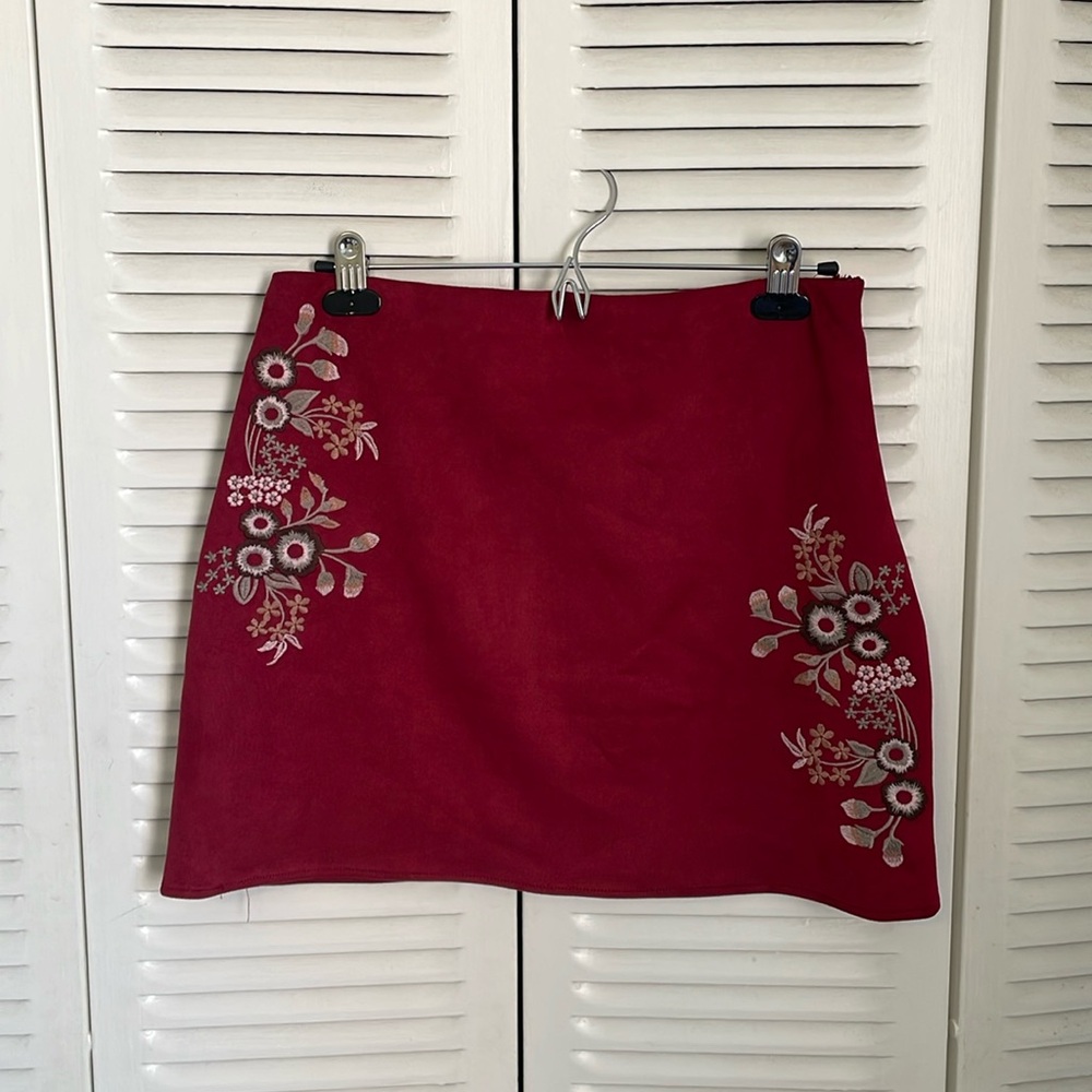 Red Francesca’s Mi Ami Embroidered Velvety Mini Skirt
